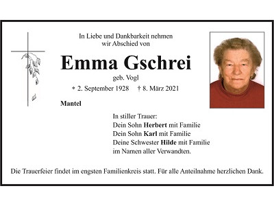 Traueranzeige Emma Gschrei, Mantel