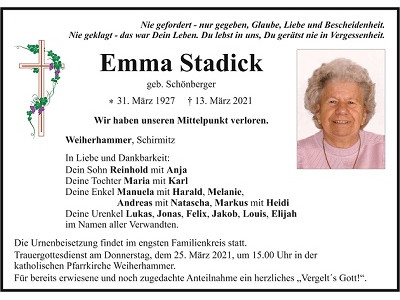 Traueranzeige Emma Stadick, Weiherhammer