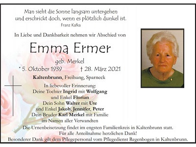 Traueranzeige Emma Ermer, Kaltenbrunn