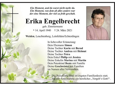Traueranzeige Erika Engelbrecht, Weiden