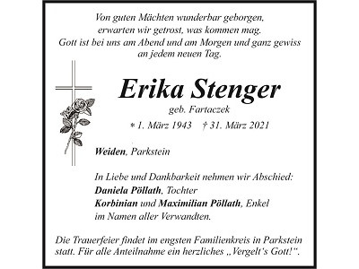 Traueranzeige Erika Stenger, Weiden