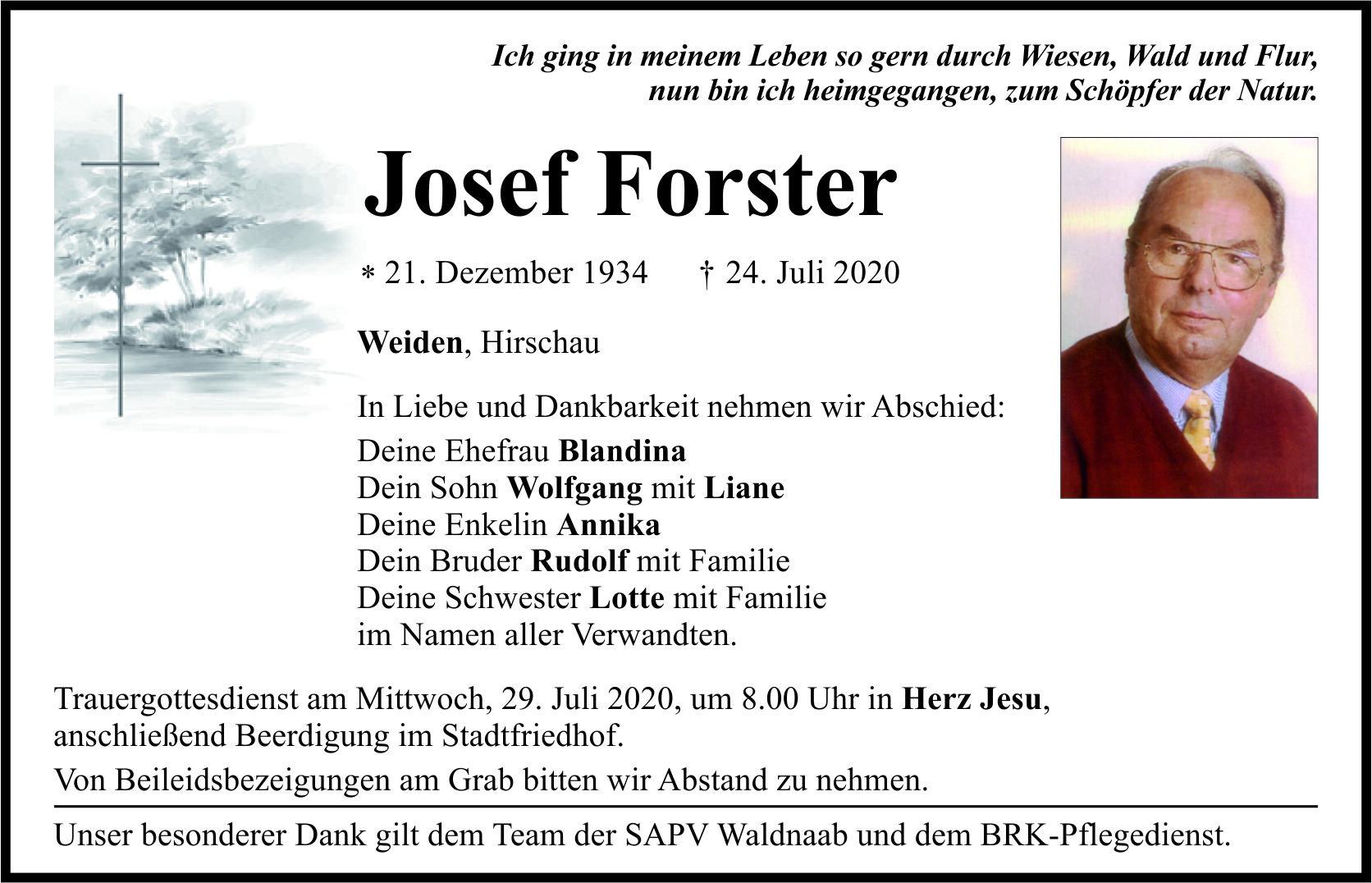 Traueranzeige Josef Forster, Weiden