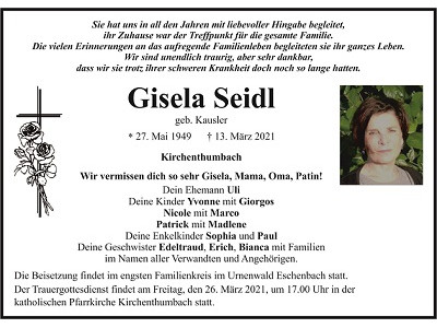 Traueranzeige Gisela Seidl, Kirchenthumbach
