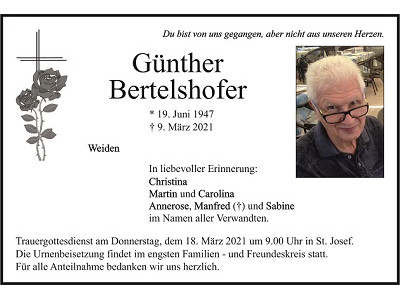 Traueranzeige Günther Bertelshofer, Weiden