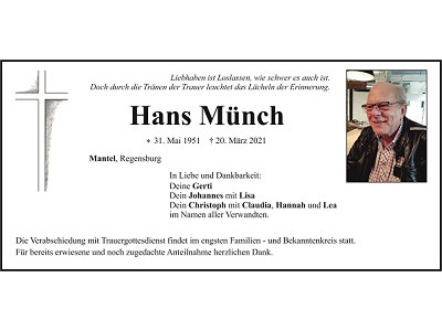 Traueranzeige Hans Münch, Mantel