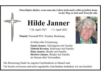 Traueranzeige Hilde Janner, Mantel