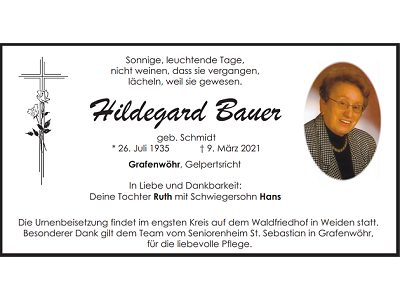 Traueranzeige Hildegard Bauer, Grafenwöhr