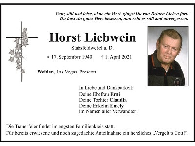 Traueranzeige Horst Liebwein, Weiden