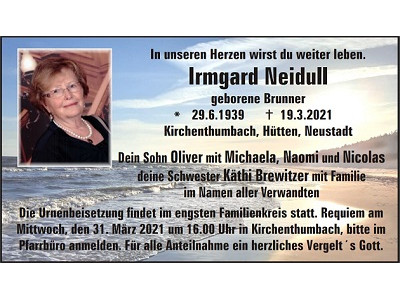 Traueranzeige Irmgard Neidull, Kirchenthumbach
