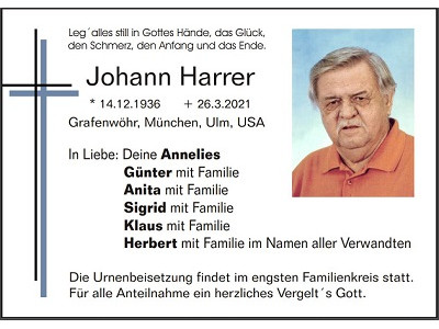 Traueranzeige Johann Harrer, Grafenwöhr