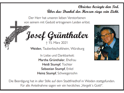 Traueranzeige Josef Grünthaler, Weiden