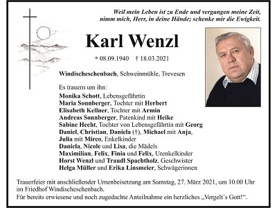 Traueranzeige Karl Wenzl, Windischeschenbach