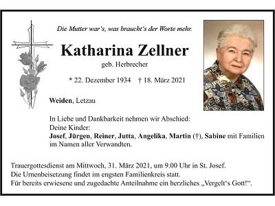 Traueranzeige Katharina Zellner, Weiden