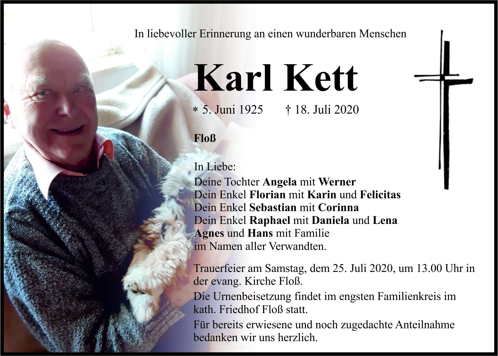 Traueranzeige Karl Kett, Floß