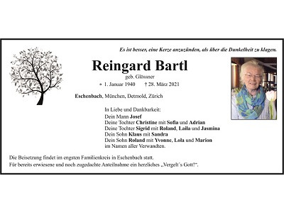 Traueranzeige Reingard Bartl, Eschenbach