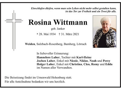 Traueranzeige Rosina Wittmann, Weiden