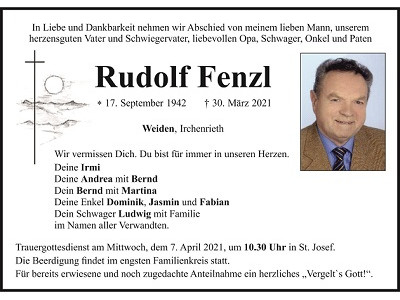 Traueranzeige Rudolf Fenzl, Weiden
