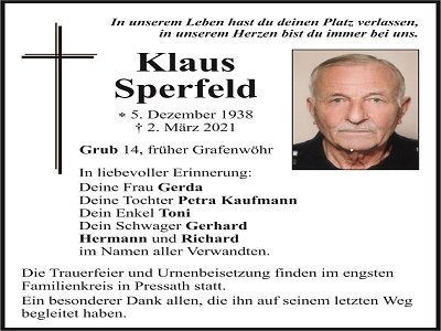 Traueranzeige Klaus Sperfeld, Grub