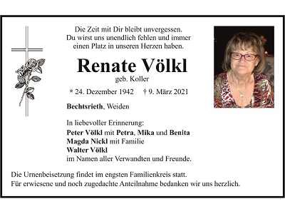 Traueranzeige Renate Völkl, Bechtsrieth