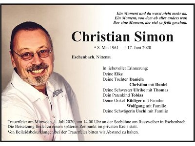 Traueranzeige Christian Sommer, Eschenbach
