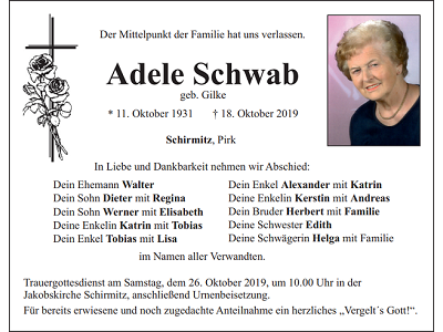 Traueranzeige Adele Schwab, Schirmitz