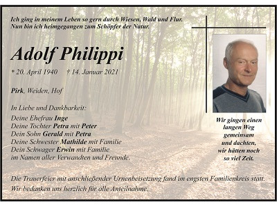 Traueranzeige Adolf Philippi, Pirk