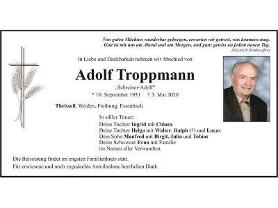 Traueranzeige Adolf Troppmann, Theisseil