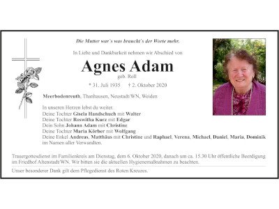 Traueranzeige Agnes Adam, Meerbodenreuth