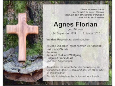 Traueranzeige Agnes Florian, Weiden