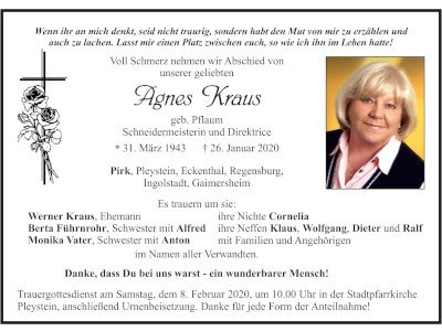 Traueranzeige Agnes Kraus, Pirk