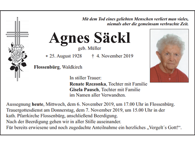 Traueranzeige Agnes Säckl, Flossenbürg