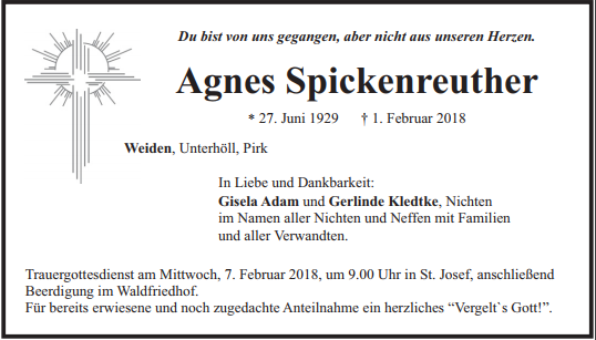 Traueranzeige Agnes Spickenreuther, Weiden