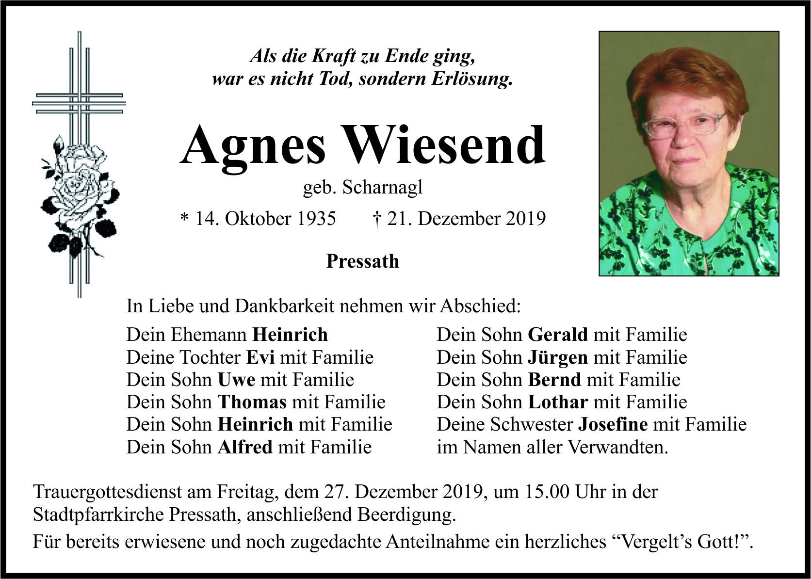 Traueranzeige Agnes Wiesend, Pressath