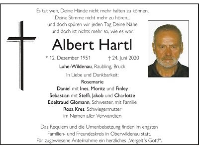 Traueranzeige Albert Hartl, Luhe-Wildenau