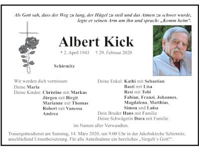 Traueranzeige Albert Kick, Schirmitz