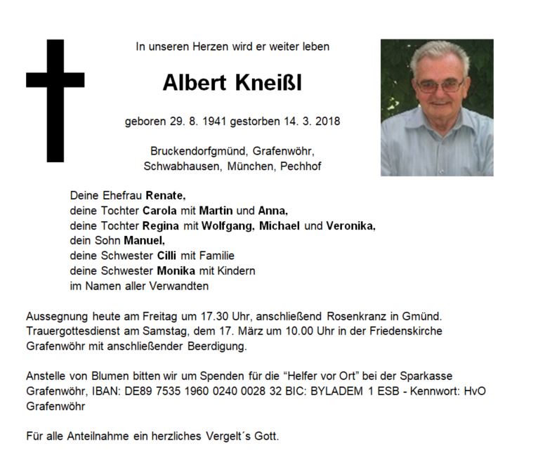 Traueranzeige Albert Kneißl, Bruckendorfgmünd
