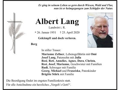 Traueranzeige Albert Lang, Berg