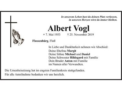 Traueranzeige Albert Vogl, Flossenbürg