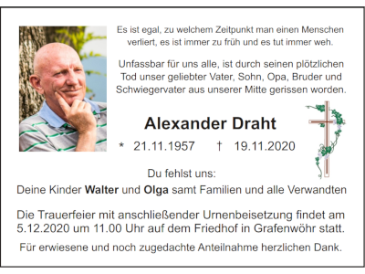 Traueranzeige Alexander Draht, Grafenwöhr