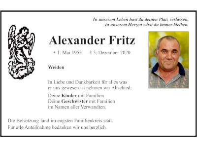 Traueranzeige Alexander Fritz, Weiden