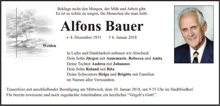 Traueranzeige Alfons Bauer, Weiden