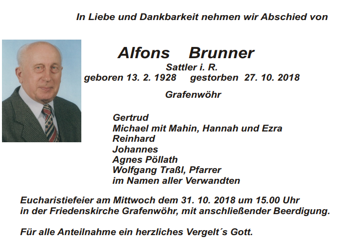 Traueranzeige Alfons Brunner, Grafenwöhr