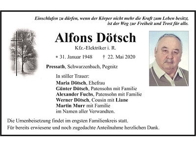 Traueranzeige Alfons Dötsch, Pressath