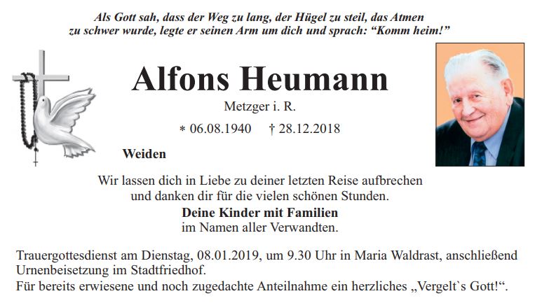 Traueranzeige Alfons Heumann, Weiden