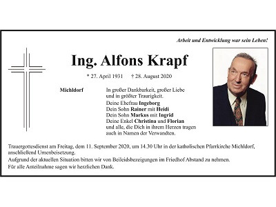 Traueranzeige Alfons Krapf, Michldorf