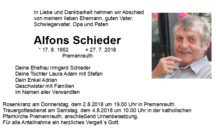Traueranzeige Alfons Schieder, Premenreuth
