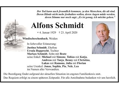Traueranzeige Alfons Schmidt, Windischeschenbach