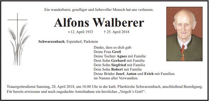 Traueranzeige Alfons Walberer, Schwarzenbach