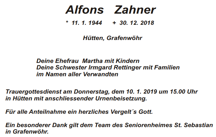 Traueranzeige Alfons Zahner, Hütten