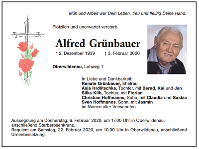 Traueranzeige Alfred Grünbauer, Oberwildenau